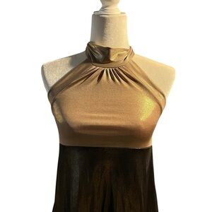 Sushi Flower Backless Gold and Brown Metallic Party Dress Size Small.